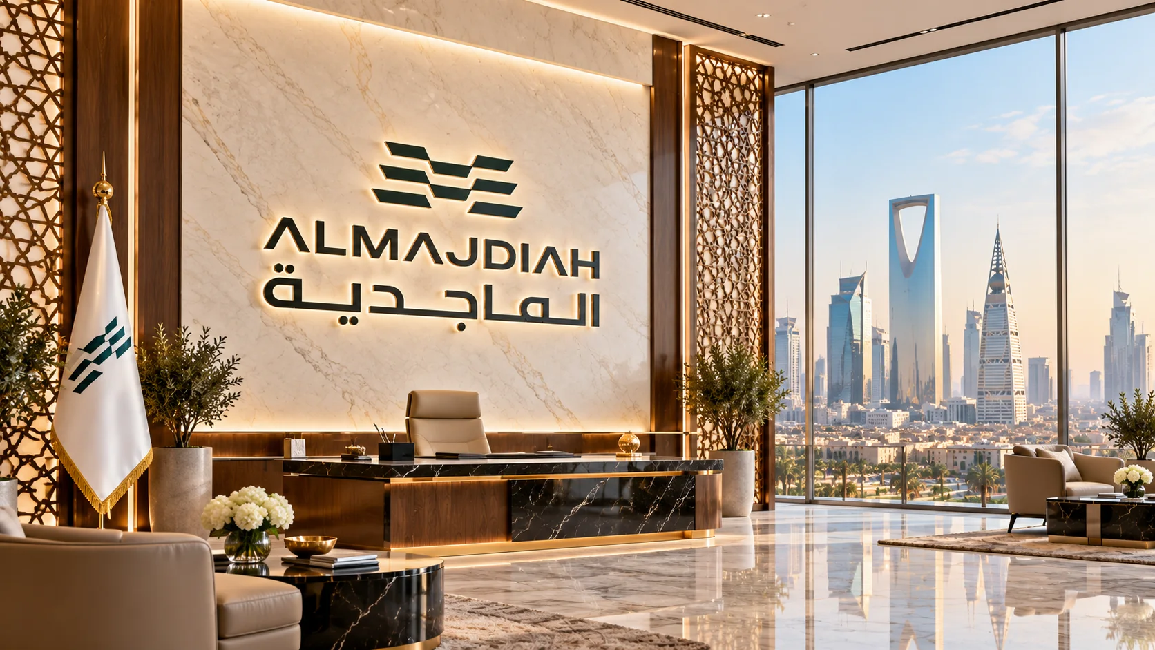 Executive headquarters lobby in Riyadh with the Al Majdiah corporate logo and a view of the city skyline, marking the leadership transition.