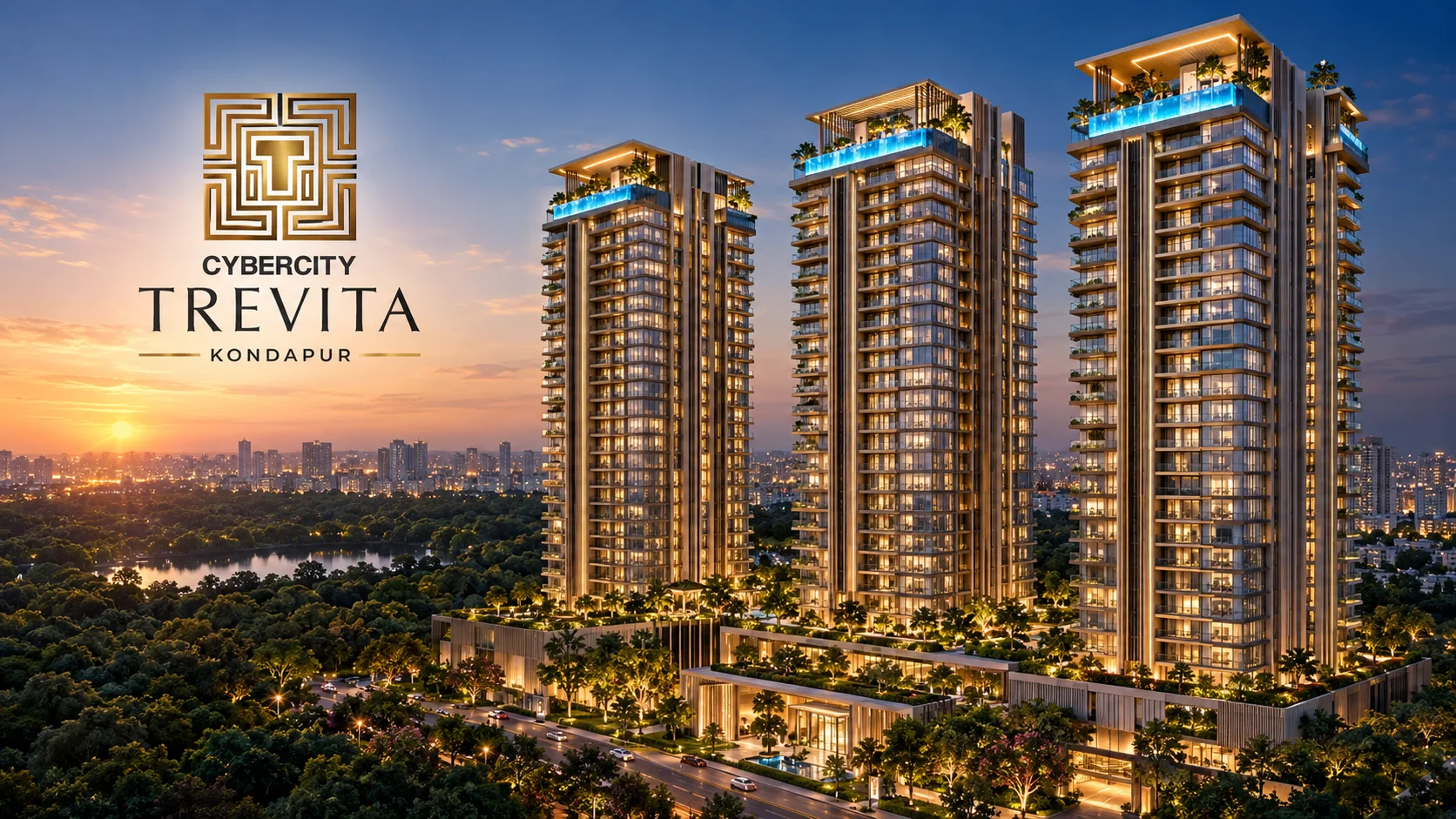 Cybercity Trevita residential towers in Kondapur, Hyderabad, with landscaped surroundings.