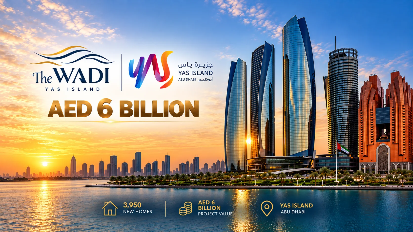 The WADI mixed-use waterfront development on Yas Island in Abu Dhabi, featuring residential buildings, landscaped spaces and a marina along Yas Canal.
