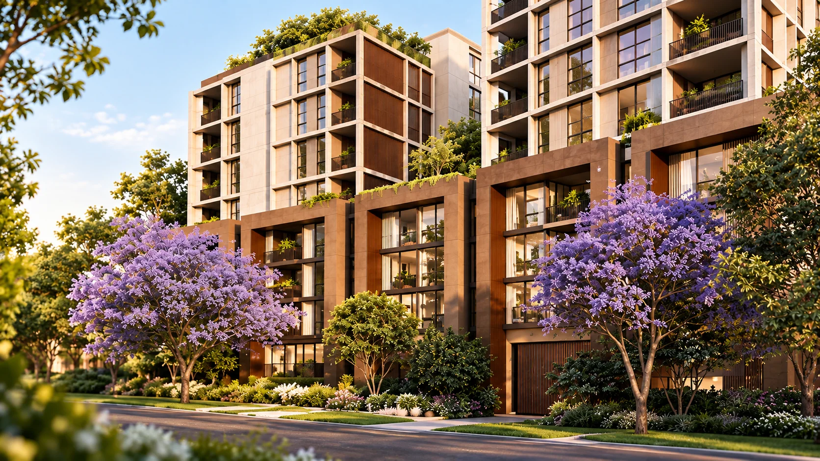 Architectural rendering of The Prescott residential development in Lindfield, Sydney, with landscaped surroundings and apartment buildings.
