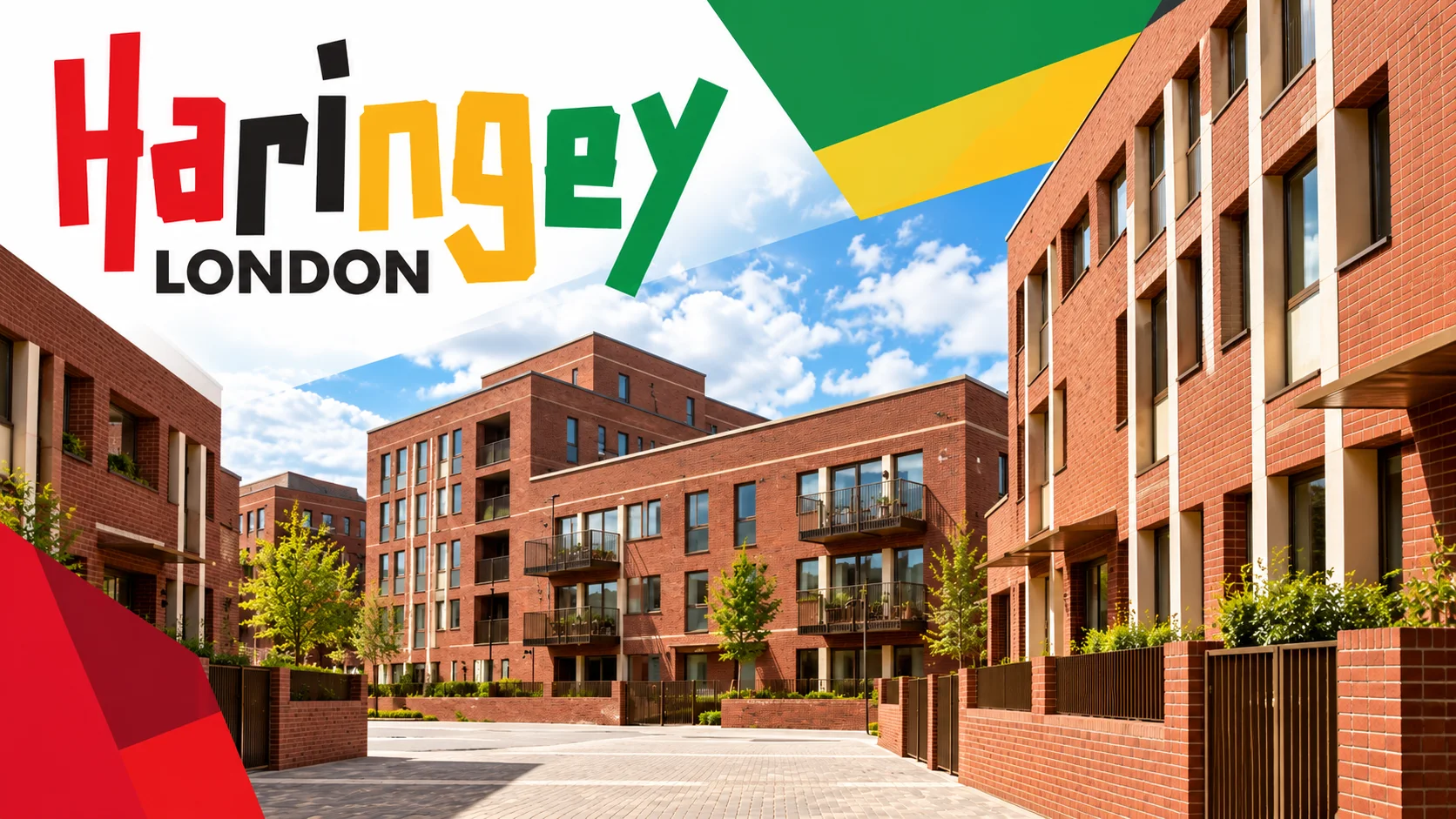 Haringey Council award-winning housing development banner featuring red-brick apartment blocks, paved courtyard, and Haringey London branding.