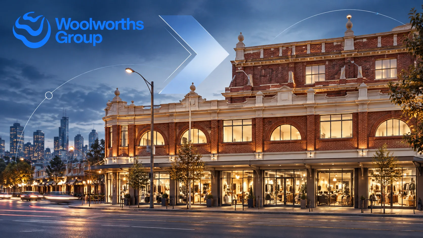 Art Deco commercial building at 95–97 Dundas Place in Albert Park Village, Melbourne, occupied by Woolworths Metro.