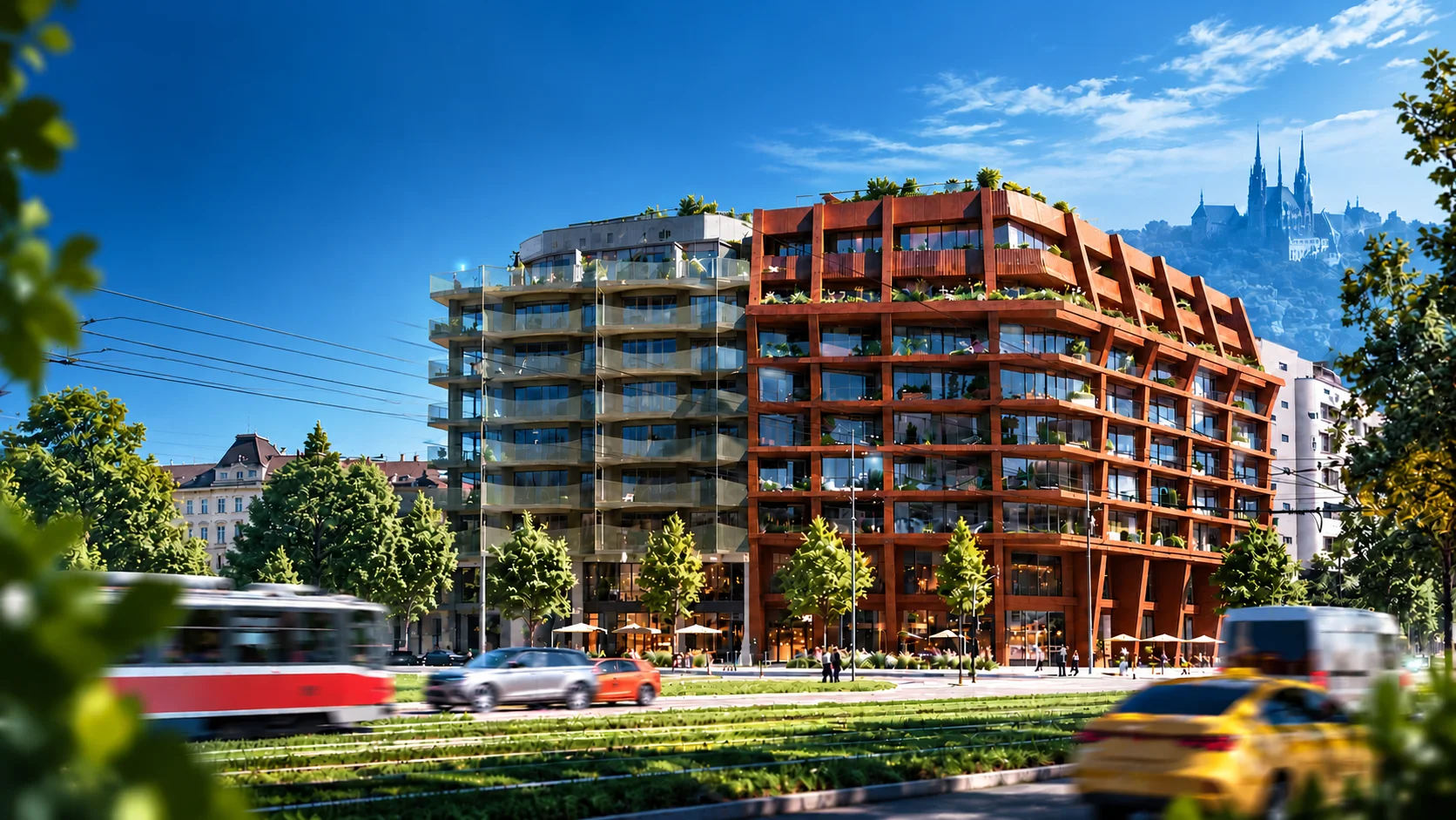 Architectural visualisation of Crestyl's Nová Amerika residential development in Brno, featuring four buildings.