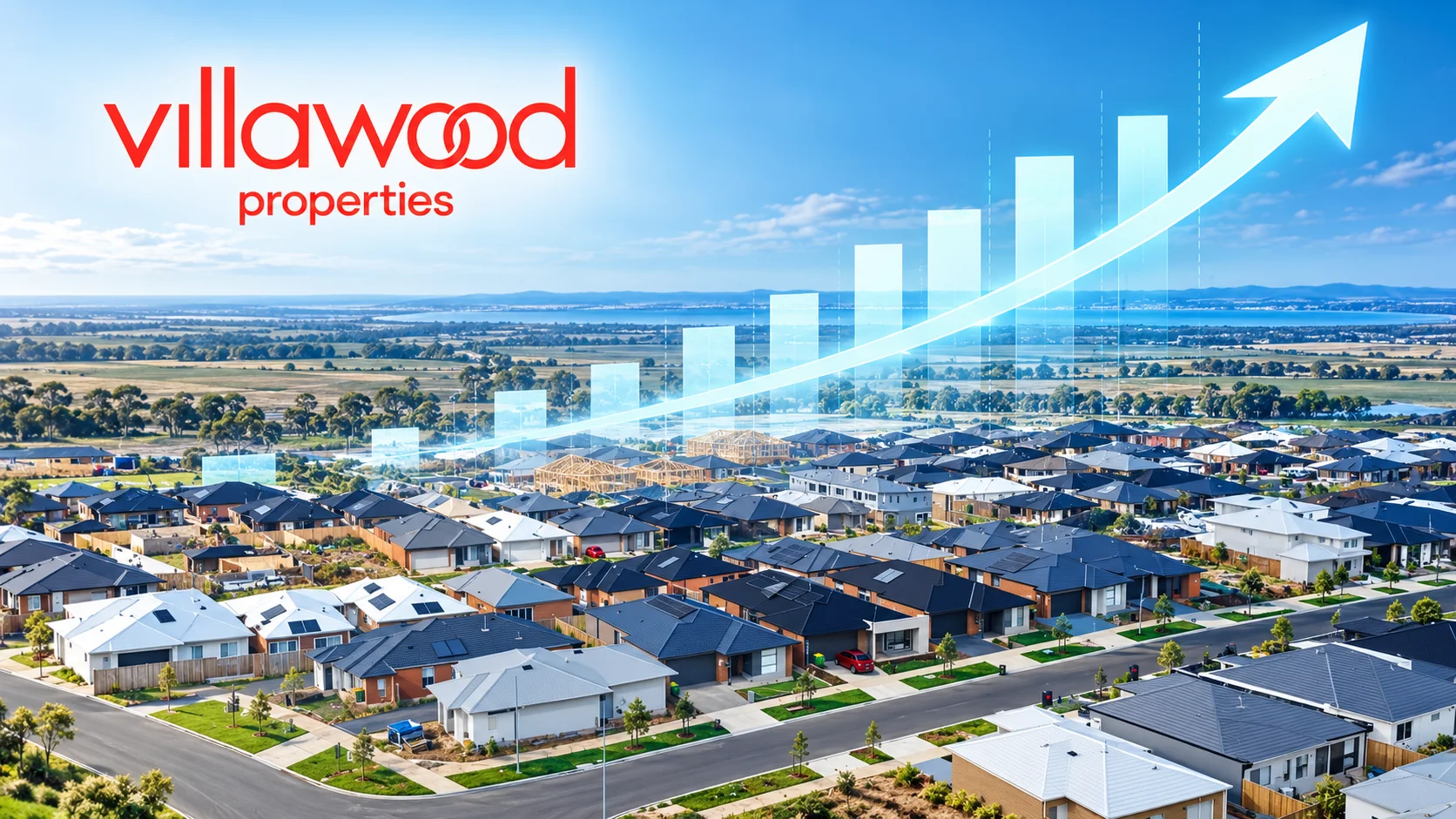 Aerial view of a residential greenfield community in Geelong, Australia, overlaid with a growth chart graphic and the Villawood Properties logo.