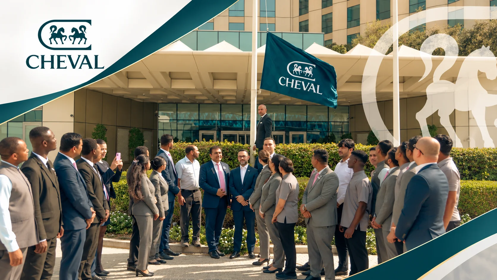Flag-raising ceremony at Cheval Maison Expo City Dubai featuring the newly unveiled Cheval Collection brand identity and operational team.