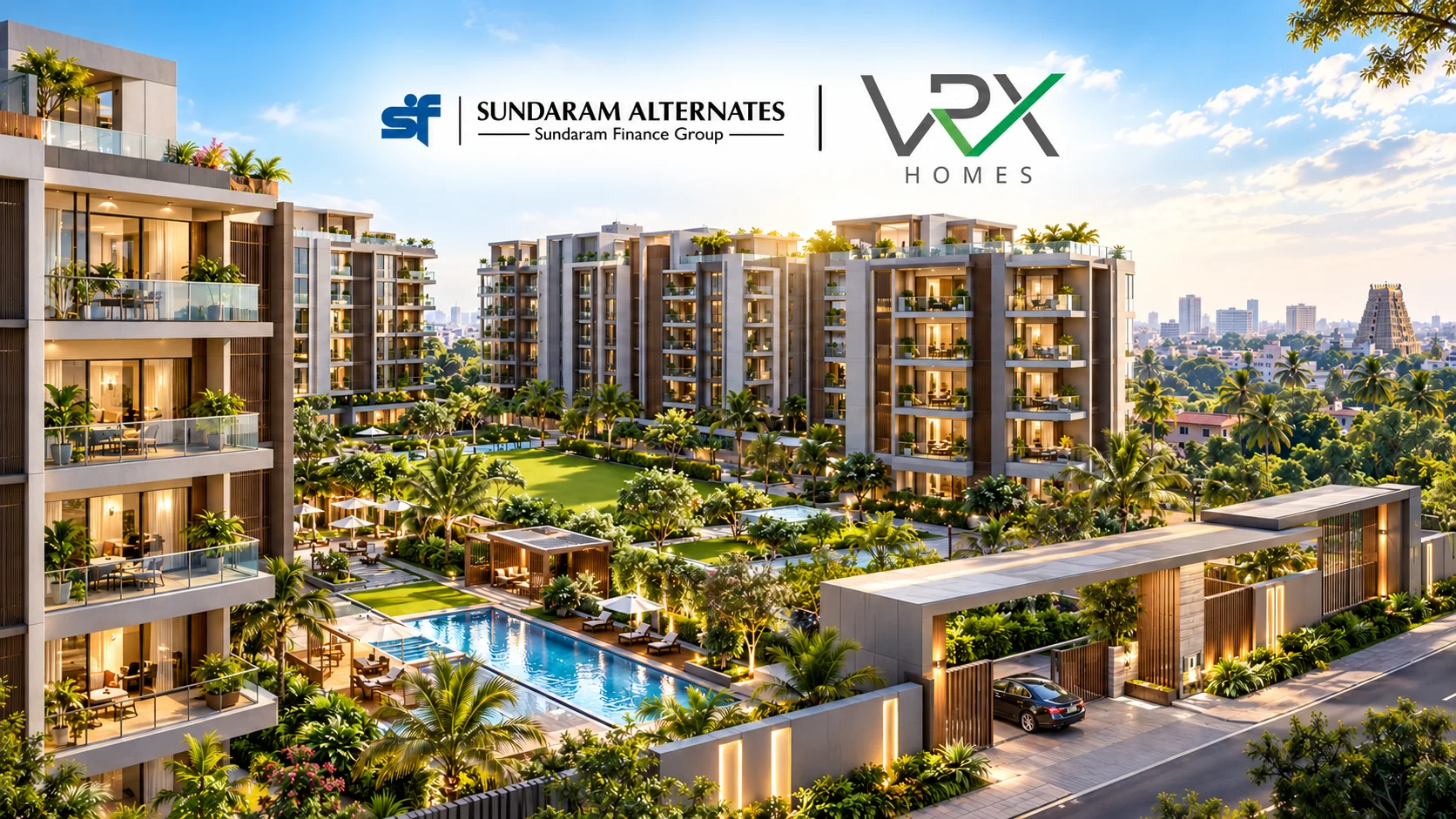 Exterior visual of VRX Homes residential development featuring Sundaram Alternates and VRX Homes logos.