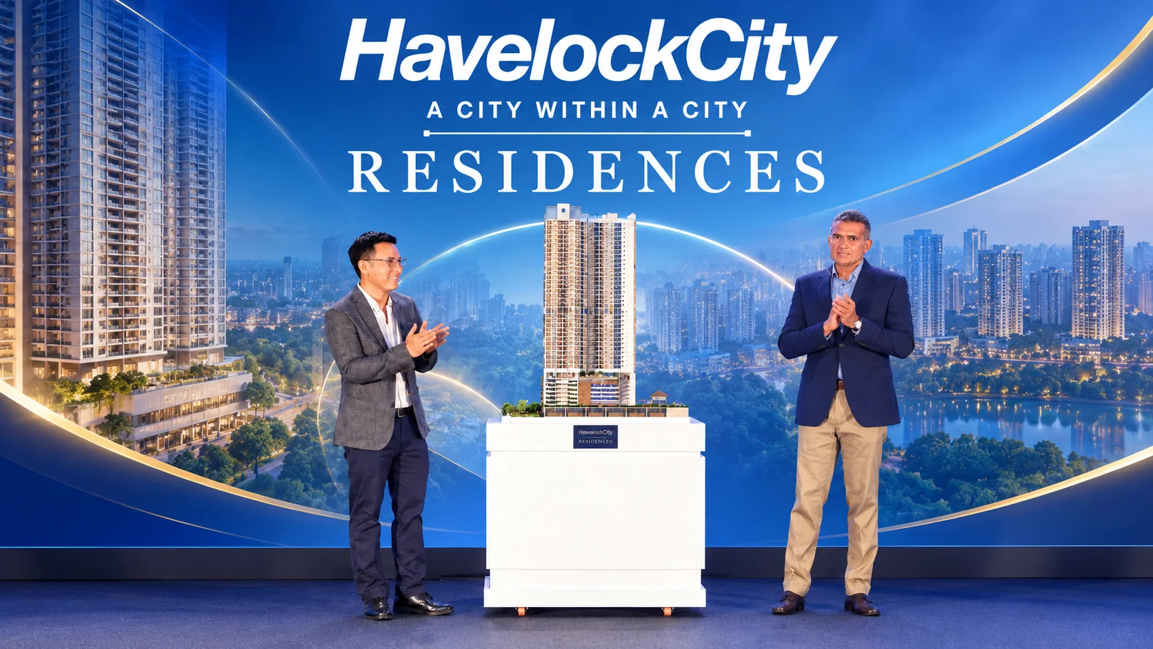 Overseas Realty directors En Ping Ong and Pravir Samarasinghe unveiling the Havelock City Residences project model.
