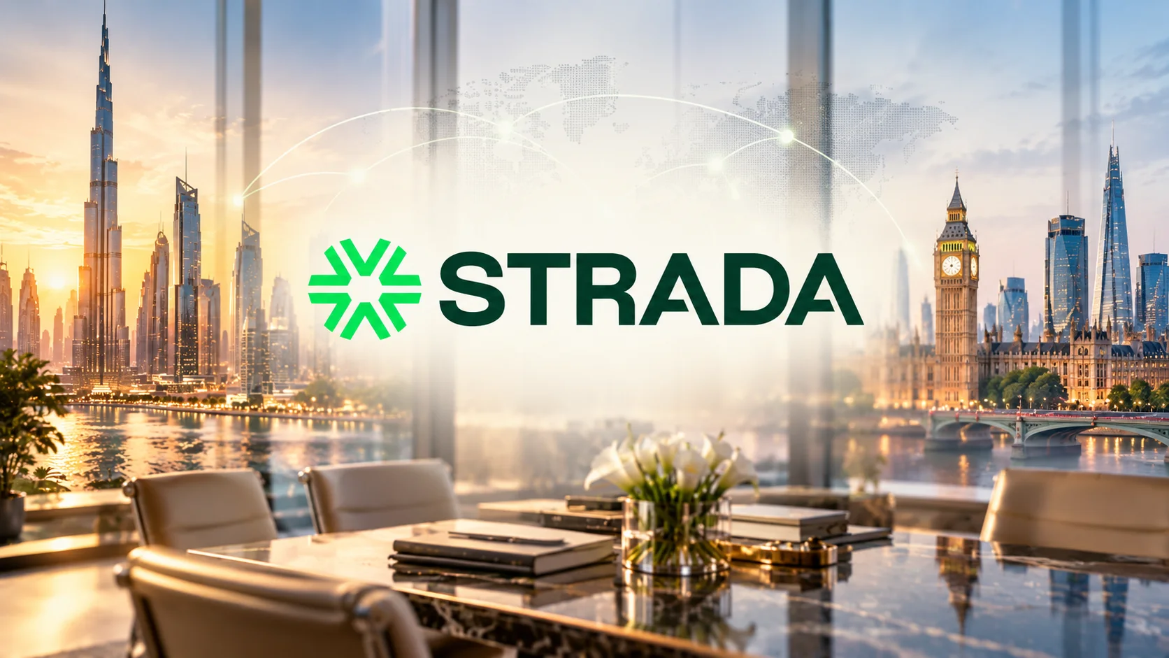 Conceptual editorial banner showing a global network bridge between Dubai and the UK, featuring the Strada real estate brokerage logo.
