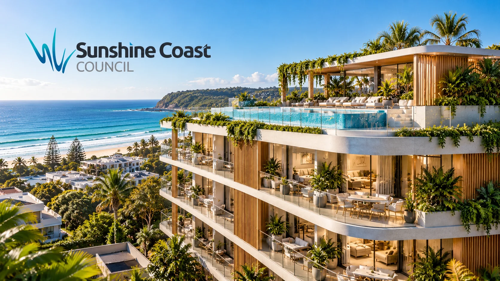 Architectural visualisation of the four-storey Orvō residential development featuring apartment balconies and rooftop amenities in Coolum Beach, Australia.